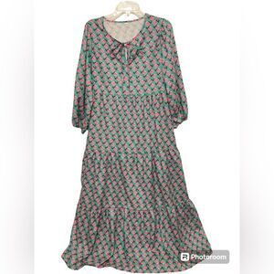 Floral Maxi Dress 3/4 Sleeve Women’s Medium Lightweight Thin Teal, Pink Flower